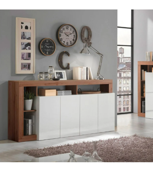 Buffet HAMBURG – Blanc laqué brillant / Bois Mercure